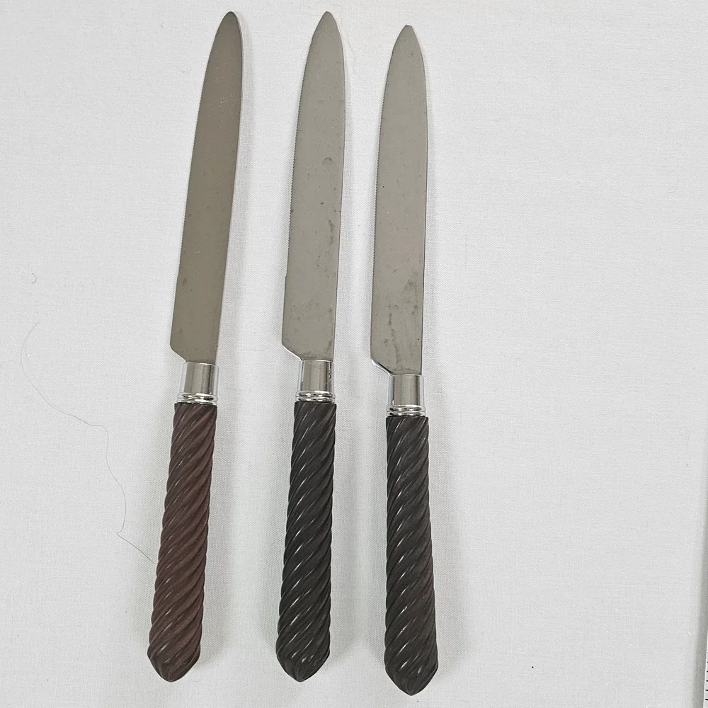 Vintage Style Spiral Twist Handle Steak Knives Set of 3 Brown Stainless Steel